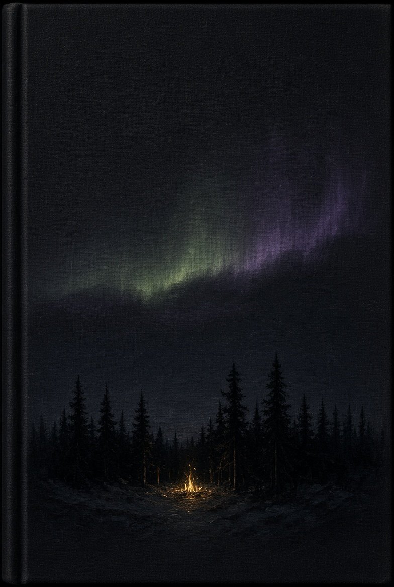 Dark spruce forest under a faint aurora, a small fire in the snow